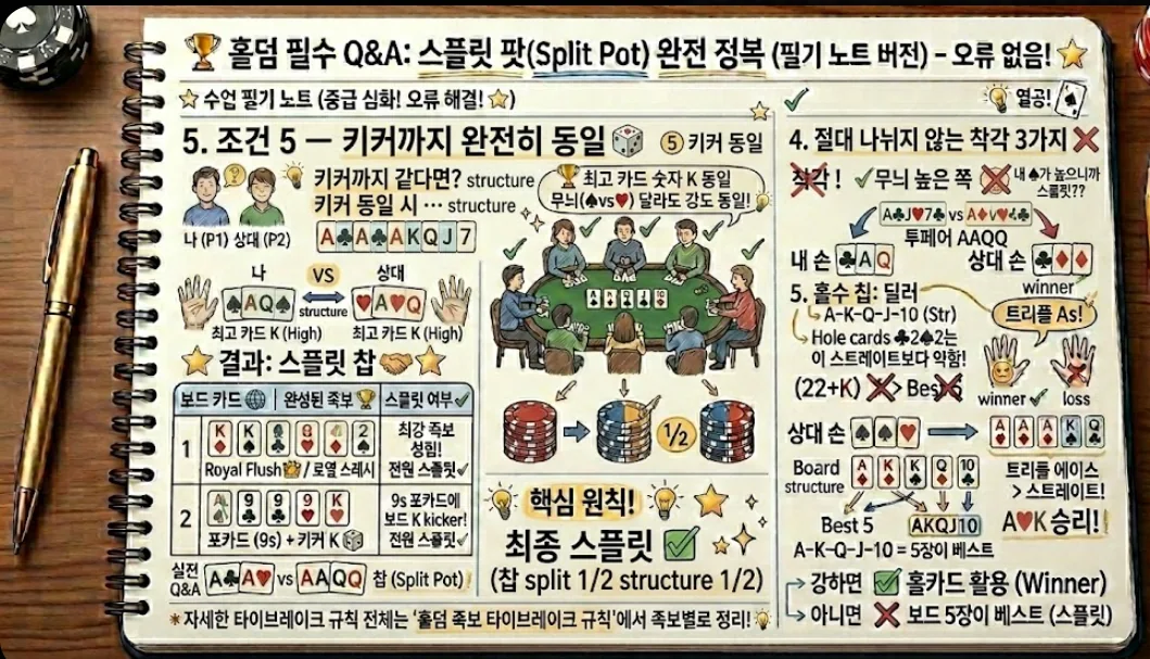 홀덤 키커 동일 스플릿 팟 카드 — 족보·페어·키커 모두 같을 때 스플릿 조건 실전 판별법