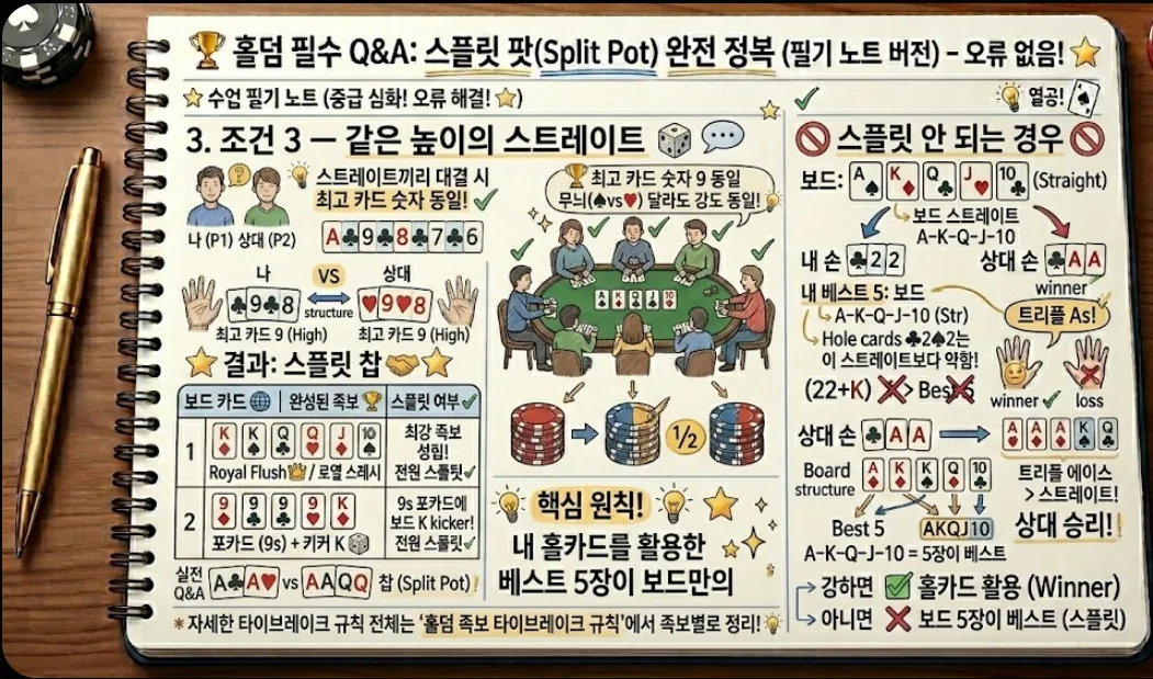 홀덤 같은 높이의 스트레이트 스플릿 팟 카드 — 최고 카드 숫자 동일 시 무늬 무관 스플릿 조건