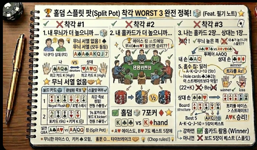 홀덤 스플릿 팟 착각 WORST 3 비교 카드 — 무늬·홀카드 숫자·장 수 오개념 완전 정복