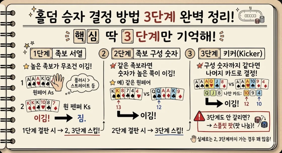 홀덤 승자 결정 3단계 요약 카드