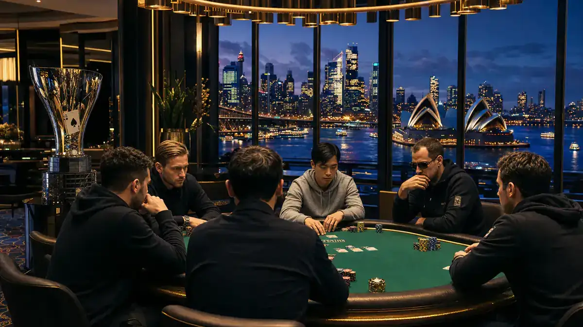 Torneo de póker WPT Australia 2026 en The Star Sydney — sala de póker de Darling Harbour con la mesa final del campeonato WPT