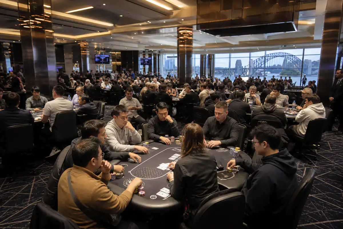 WPT Australia poker tables at The Star Sydney with Darling Harbour views — players competing in 2026 championship